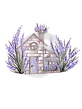 Hand drawn illustration of the beige Lavender house from bricks, among the lavender flowers and grass, isolated on white