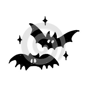 Hand drawn illustration of black vampire bats in dark night sky. Halloween creepy spooky horror concept flying gothic