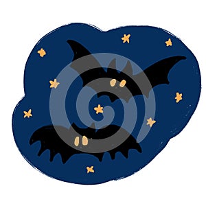 Hand drawn illustration of black vampire bats in dark night sky. Halloween creepy spooky horror concept flying gothic