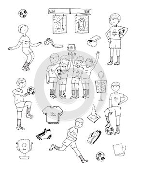 Hand drawn illustration with black and white soccer players, isolated on white background. Football stuff, happy winning te