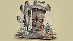 A hand-drawn illustration of a cactus wearing a cowboy hat and boots created with Generative AI