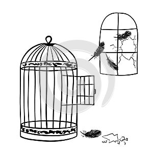 Hand drawn illustration of cage with open door feathers broken window. Freedom free concept, enslavement captivity
