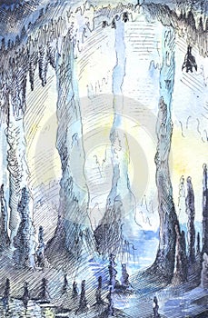 Hand-drawn illustration of cave in blue colours.