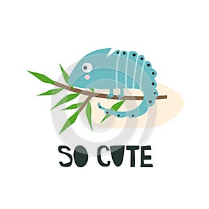 Hand drawn illustration with chameleon, branch, english text. So cute. Decorative background, funny reptile