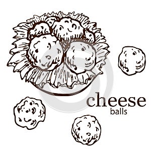 Hand drawn Illustration of cheese balls with lettuce on plate isolated on white. bar or pub snack. sicilian fast food