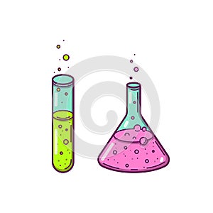 Hand drawn illustration of chemical flasks in doodle style isolated on white background