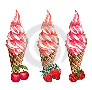 Hand drawn illustration of cherry, strowberry and raspberry ice creams in a waffle cone together with berries.