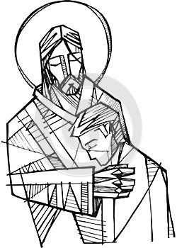 Hand drawn illustration of Christ and young man