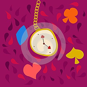 Hand-drawn illustration of a clock with arrows and hearts on a long gold chain from the fairy tale Alice in Wonderland. The suits
