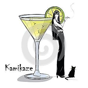 Hand drawn illustration of cocktail with girl.