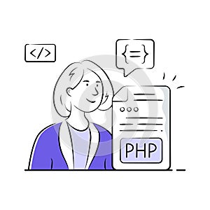 Hand drawn illustration of a coder developing PHP application with coding window and software tools.