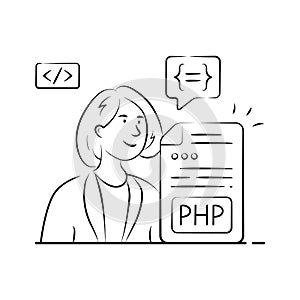Hand drawn illustration of a coder developing PHP application with coding window and software tools.