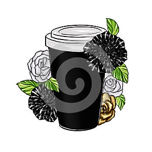 Hand Drawn Illustration of Coffee Cup with florals - Illustration photo