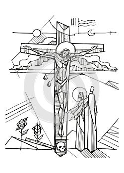 Hand drawn illustration of the crucifixion of Jesus