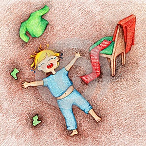 Hand drawn illustration of crying, screaming and stressed child lying on the floor