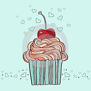 hand drawn illustration of cupcake with cherry