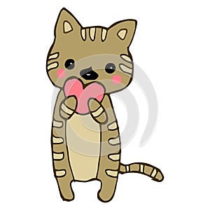 Hand-drawn illustration of a cute kitten hugging a heart. Design for birthday and St. Valentines day greeting cards, textiles