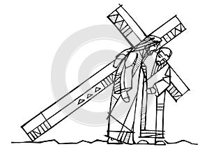 Hand drawn illustration of Cyrene helping Jesus