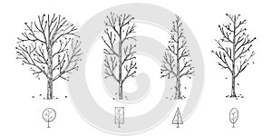 hand drawn illustration of dead geometric shape trees. line art isolated on white background.