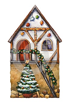 Hand-drawn illustration of decorated two-storied Christmas house photo