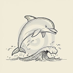 A hand-drawn illustration of a dolphin (Delphinus delphis) leaping over a stylized photo