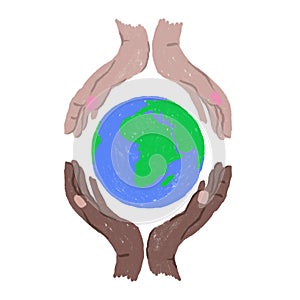Hand drawn illustration of Earth Day globe planet ecology protection, human hands holding. Blue green sphere with ocean