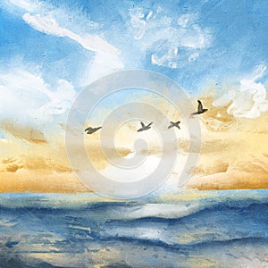 Hand drawn illustration of evening sky sunset, sea ocean water surface yellow blue colors, shiny shimmer reflection