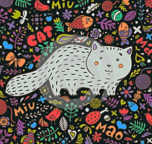 Hand-drawn illustration. A fat gray cat surrounded by flowers, fish, toys and other feline staff. Doodle style. On a