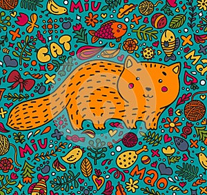 Hand-drawn illustration. A fat red cat surrounded by flowers, fish, toys and other feline staff. Doodle style. On a