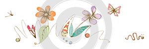 Hand Drawn Illustration of Flowers Butterfly Dragonfly