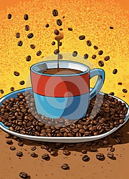 Hand drawn illustration of fragrant coffee on warm background photo
