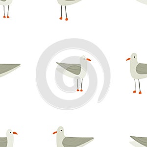 Hand drawn illustration of funny cute seagull seamless pattern. Nautical, sea theme for backgrounds, backdrops, fabrics