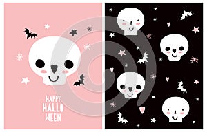 Hand Drawn Illustration with Funny White Skull and Black Flying Bats Isolated on a Pink Background.