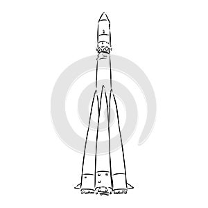 Hand drawn illustration of a geometric space shuttle. Design in dot art style with engraved elements. Sketch isolated on