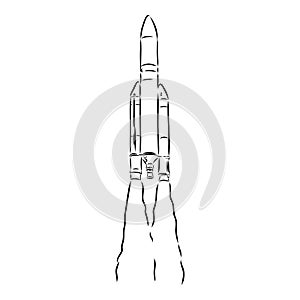 Hand drawn illustration of a geometric space shuttle. Design in dot art style with engraved elements. Sketch isolated on