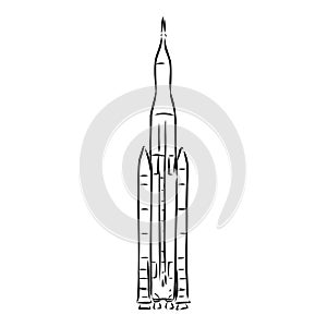 Hand drawn illustration of a geometric space shuttle. Design in dot art style with engraved elements. Sketch isolated on