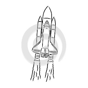 Hand drawn illustration of a geometric space shuttle. Design in dot art style with engraved elements. Sketch isolated on