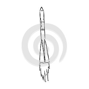 Hand drawn illustration of a geometric space shuttle. Design in dot art style with engraved elements. Sketch isolated on