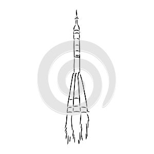 Hand drawn illustration of a geometric space shuttle. Design in dot art style with engraved elements. Sketch isolated on