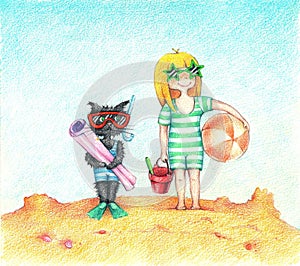 Hand drawn illustration of girl and cat, standing on a beach