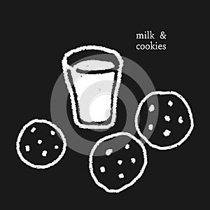 Hand drawn illustration of a glass of milk and chocolate chip cookies in black and white