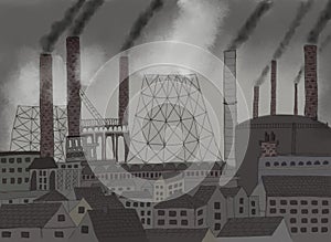 Hand drawn illustration of a gloomy industrial landscape