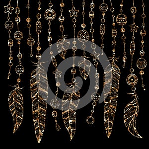 Hand drawn illustration of gold glitter dream catcher with feathers and beads on black background