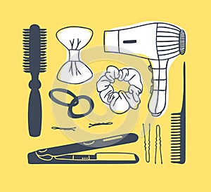 Hand drawn illustration hair tools . Creative ink art work. Actual vector drawing comb. hair dryer, barrette