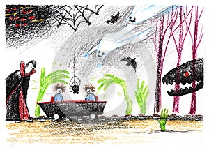 Hand drawn illustration for Halloween. Frightened visitors of fear room. Travel by railway in coffin through Count Dracula`s