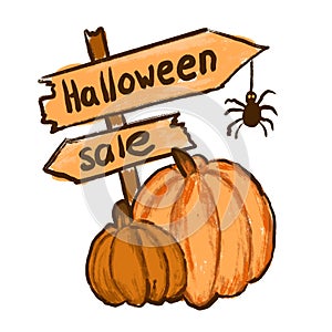Hand drawn illustration of Halloween sale. pumpkins sign spider Autumn orange fall commercial business sticker banner