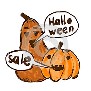 Hand drawn illustration of Halloween sale pumpkins talking. Autumn orange fall commercial business sticker banner poster