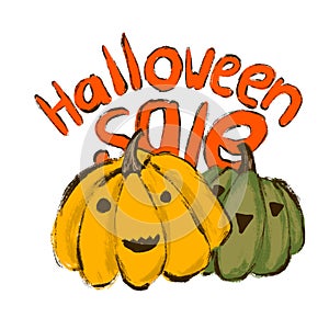 Hand drawn illustration of Halloween sale yellow green pumpkins. Autumn orange fall commercial business sticker banner