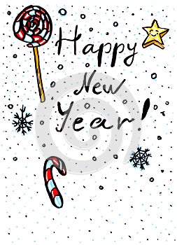 Hand drawn illustration Happy New Year. Marker painting.