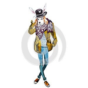 Hand drawn illustration of hare dressed up in fashionable style